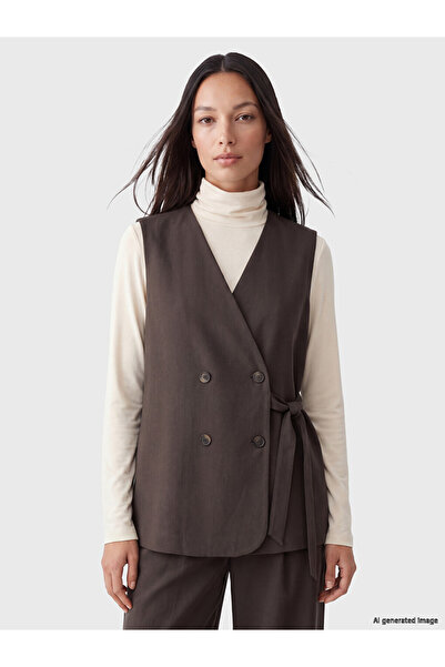 LC Waikiki Vizyon New Season Brown Double-Breasted Collar Tie-Up Women's Clas...