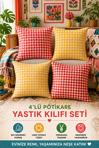 Soft Kare Set of 4 Colorful Gingham Cushion Covers 43X43 cm – Liquid-Proof an...