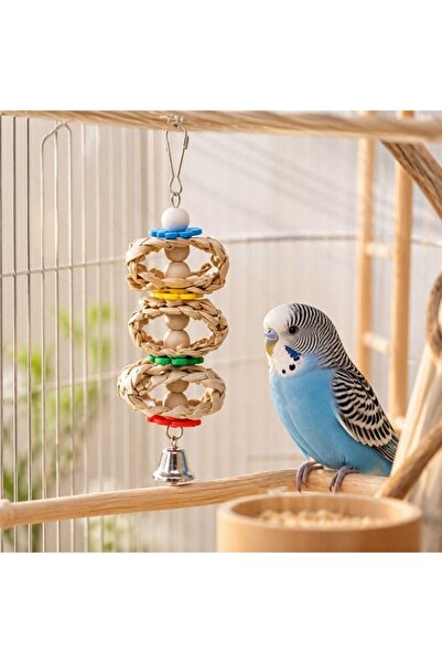 idei Parrot toy with braided rings made of natural fiber and wooden beads 5.5...