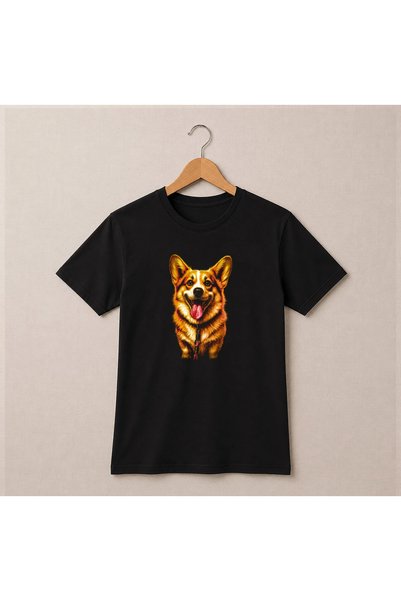 Petgifts Tricou Personalizat "Oversize „Happy Corgi" - Bumbac 100% Negru Mari...