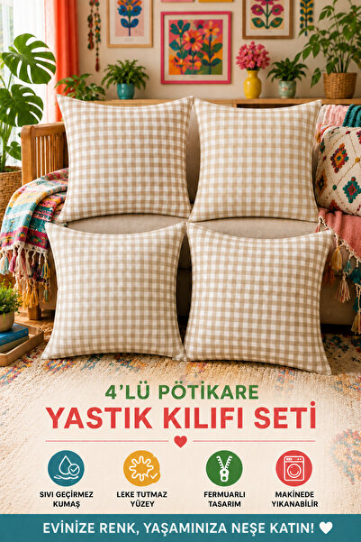 Soft Kare 4'lü Renkli Pötikare Kırlent Kılıfı Seti 43x43 cm – Sıvı Geçirmez v...