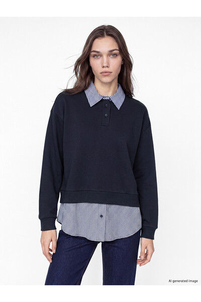 LC Waikiki Lcw Modest Navy Blue Polo Collar Plaid Women's Sweatshirt Tunic