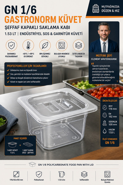 Transformacion GN 1/6 Polikarbonat Gastronorm Küvet Şeffaf Kapaklı Saklama Ka...