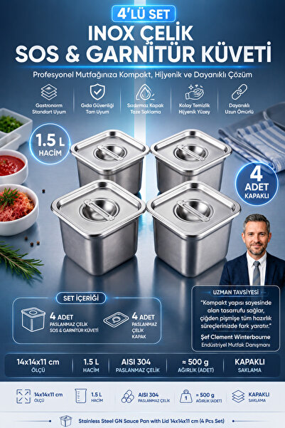 Transformacion 4 ADET inox Çelik Gastronorm Sos ve Garnitür Küveti 14x14x11 c...