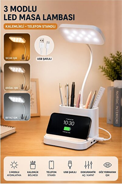 Kitchen Beauty Şarjlı Masa Lambası 3 Renk Dokunmatik Telefon Standlı Kalemlik...