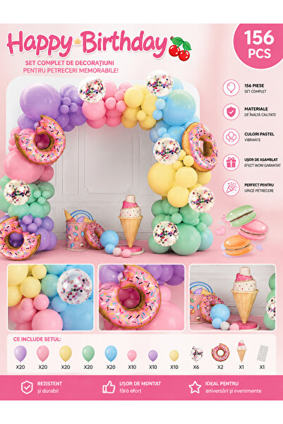 MASSIBEBE Set of 156 Happy Birthday Pastel Balloons for Party, Decorative Arc...