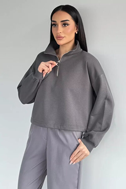 TOZLU Gülseli Women's Polo Collar Half-Zipper Embroidered Sweatshirt