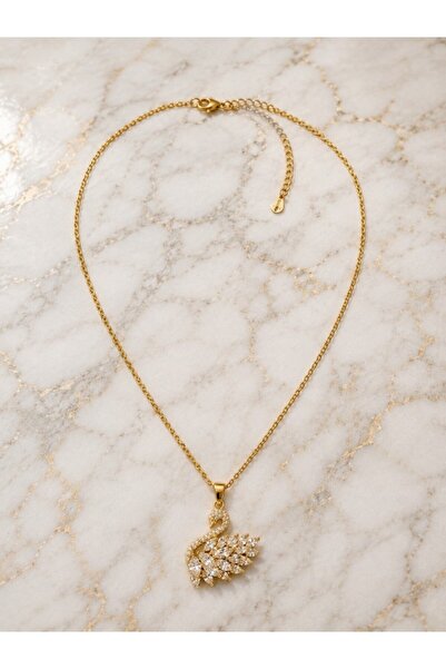 deryora Stone Swan Necklace Gold Color Stainless Steel Zircon Stone Elegant S...