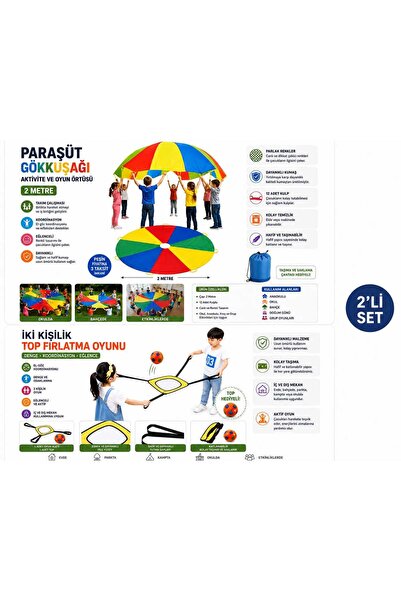 Magiclady 2’li Çocuk Aktivite Oyun Seti – 2 Metre Paraşüt Gökkuşağı ve Top Fı...