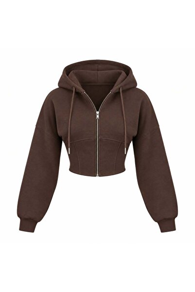 EVOA Women's Brown Oversize Hooded Crop Cardigan