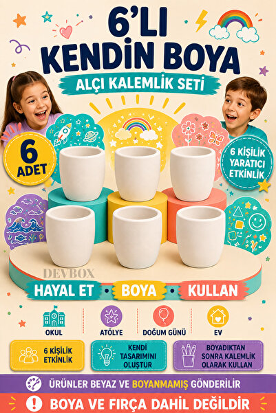 devhome 6'lı Kendin Boya Alçı Kalemlik Seti 9 cm – Boyasız DIY Çocuk, Okul ve...