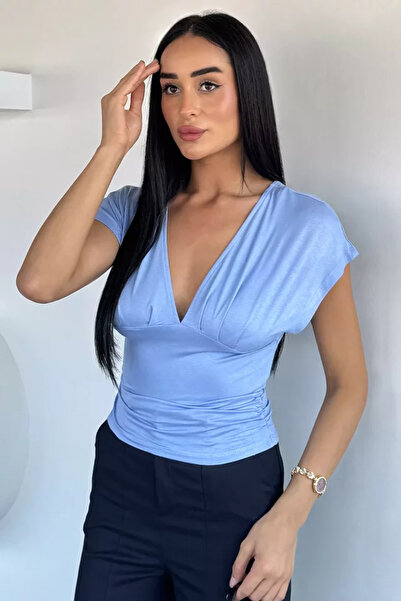TOZLU Women's V-Neck Side Gathered Blouse