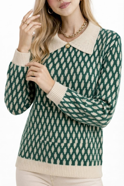 EMR Online Women's Green Ecru Patterned Knitwear Sweater Polo Neck Long Sleev...