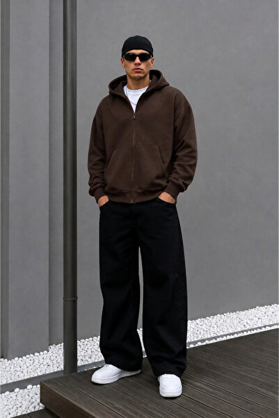 BARLİZ Erkek Oversize Cepli Fermuarlı Kapüşonlu Sweatshirt Hırka