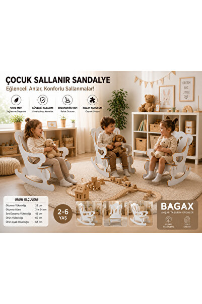 BAGAX Çocuk Sallanır Sandalye – MDF Geçmeli Montessori Çocuk Koltuğu – 2-6 Ya...