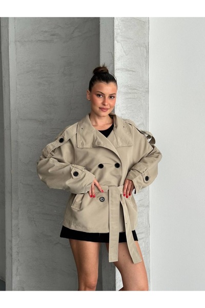 timagna Γυναικεία κοντή, oversized καμπαρντίνα με ψηλό γιακά, διπλό στήθος, κ...