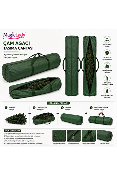 Magiclady 180x60 cm Çam Ağacı Taşıma ve Saklama Çantası Fermuarlı Yeşil Yılba...