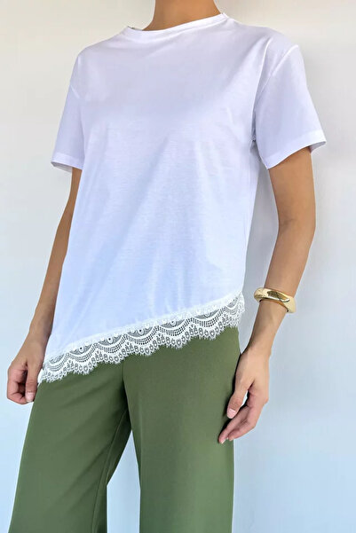 TOZLU Women's Crew Neck Asymmetrical Cut Lace Detailed T-Shirt