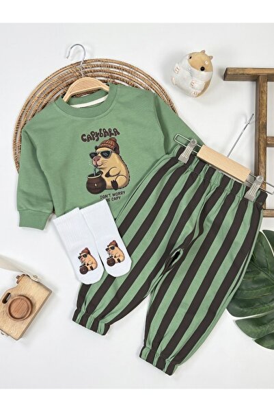 bebendy baby&kids Capybara Printed Socks and Striped Pants Seasonal 3-Piece B...
