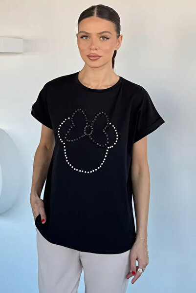 TOZLU Tricou de damă cu decolteu rotund și broderie cu pietre