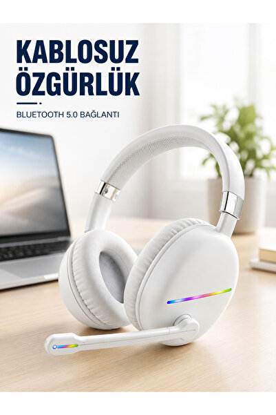 Lisinya Kablosuz Bluetooth Mikrofonlu Beyaz Kulaklık RGB Işıklı -