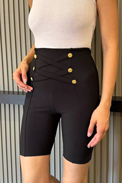 TOZLU Women's High Waist Gold Button Detailed Shorts Leggings