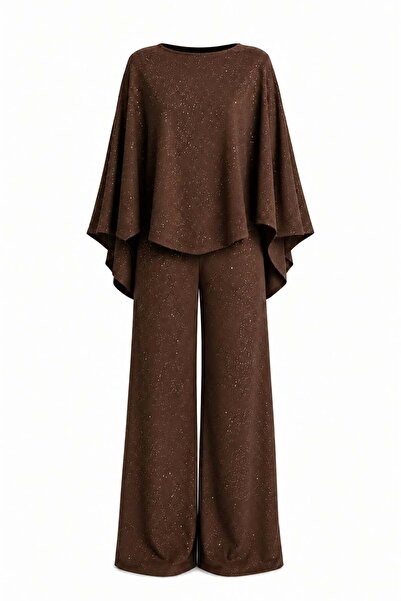 EVOA Women's Coffee-Colored Glitter Cape Blouse and Palazzo Set