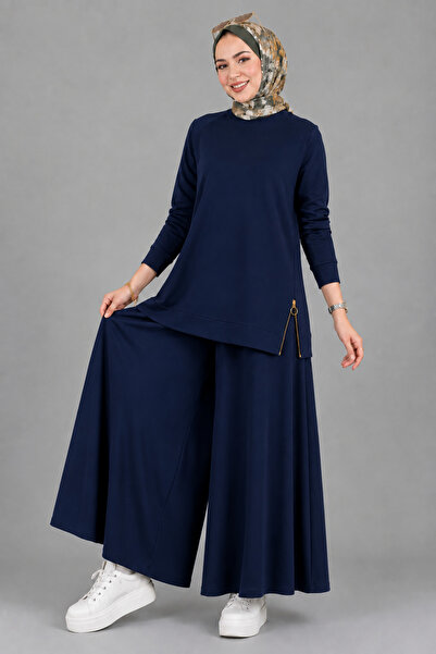 ZELASU Modal Fabric Zippered Tunic and Trouser Skirt 2-Piece Hijab Set - Navy...