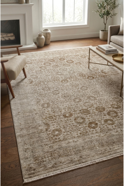 Colore Home Retro Bej Kahve Etnik Desen Çiçekli Vintage Dokuma Salon Halısı