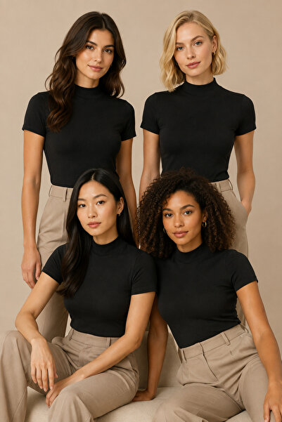 Nymora Women's 4-Pack Half Turtleneck Short Sleeve Cotton Stretch Basic T-Shi...