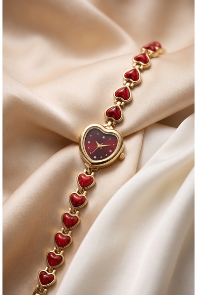 KLISHE Butik Women's Steel Watch Gold & Burgundy Color Heart Design Vintage W...