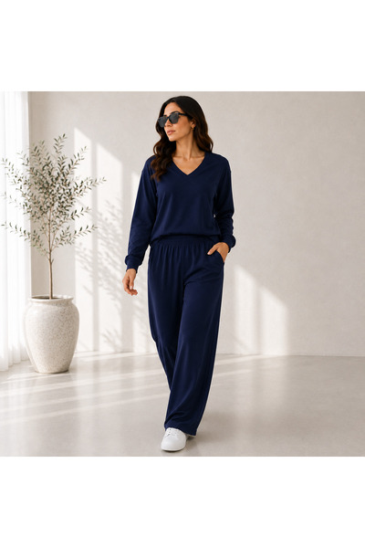 LEONE KOLEKSİYON Women's V-Neck Long Sleeve Modal Comfortable Pants Set