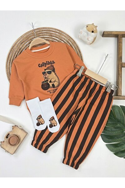 bebendy baby&kids Capybara Printed Socks and Striped Pants Seasonal 3-Piece B...