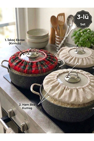 MiniStand Lastikli Tencere Bonesi 3'lü Set - Kırmızı İskoç Ekose Kumaş Pilav ...