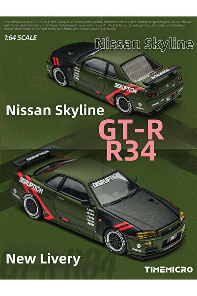 HOT WHEELS Timemicro 1:64 Nissan Skyline Gt-R R34 Matte Green Disruption Hood...