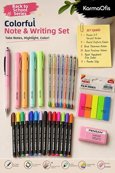 KarmaOfis Back to School Stationery Set Pink 0.7 Versatil Pen |   Highlighter...