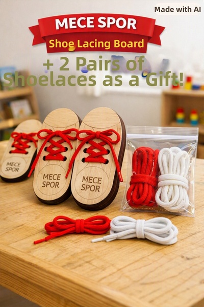 MECE SPOR Wooden Shoe Lacing Learning Set - Montessori Nursery Educational Sk...