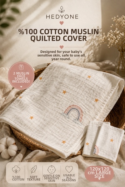 HEDYONE Washed 100% Cotton Muslin Baby Blanket Multi-Purpose Cover 120X120 cm