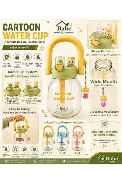 bahe home Children's Water Bottle with Straw, Cute Character Water Bottle, Do...