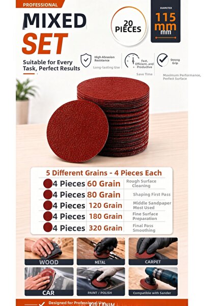 NEXTRA 20 Pieces 115 mm Velcro Sanding Disc Set Mixed (4X60 / 4X80 / 4X120 / ...
