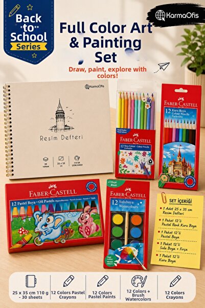 Faber Castell 25x35 cm 110 gr Bloc de desen spiralat Set de 12 vopsele uscate...