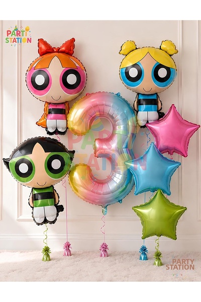 Parti Station Powerpuff Girls Themed 3-Year-Old Balloon Set 7 Pieces - Powerp...