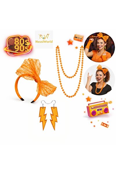 NW NessiWorld 80S 90S Neon Orange Party Set – Necklace Earrings Crown