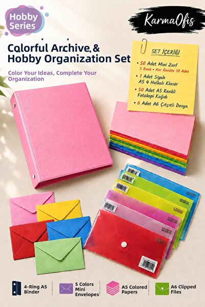 KarmaOfis Pink Color A5 4-Ring Binder Set with 8 Color Options – 50 A5 Colore...