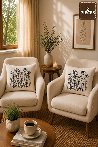 SEVMİŞ HOME 2 Piece Punch Cushion Cover 43X43 cm – Decorative Embroidered Cus...