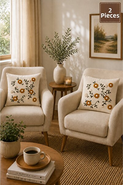 SEVMİŞ HOME 2 Piece Punch Cushion Cover 43X43 cm – Decorative Embroidered Cus...
