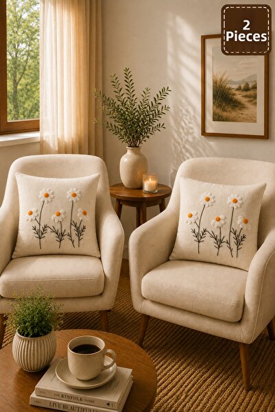 SEVMİŞ HOME 2 Piece Punch Cushion Cover 43X43 cm – Decorative Embroidered Cus...