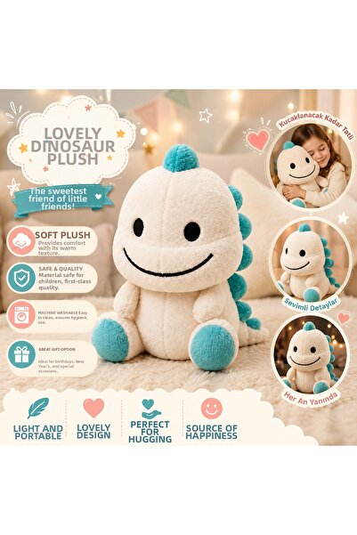 SAF HOBİ ATÖLYE DESİGN 🦕   Cute Dinosaur Plush Toy – White & Turquoise