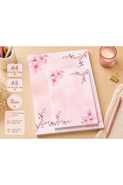 Miray Craft Pink Floral Themed Set of 2 (A4-A5) Notepad - Notepad - Memo Pad