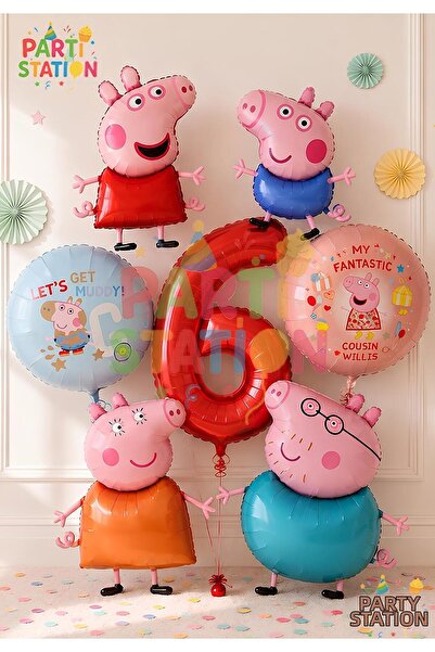 Parti Station Peppa Pig & George Themed 6 Years Old - 7 Piece Foil Balloon Se...